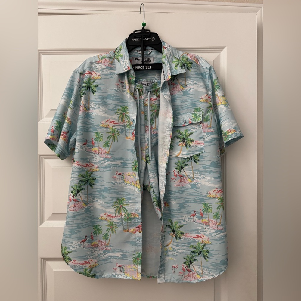 Free Planet Blue button down shirt and swim trunks set
